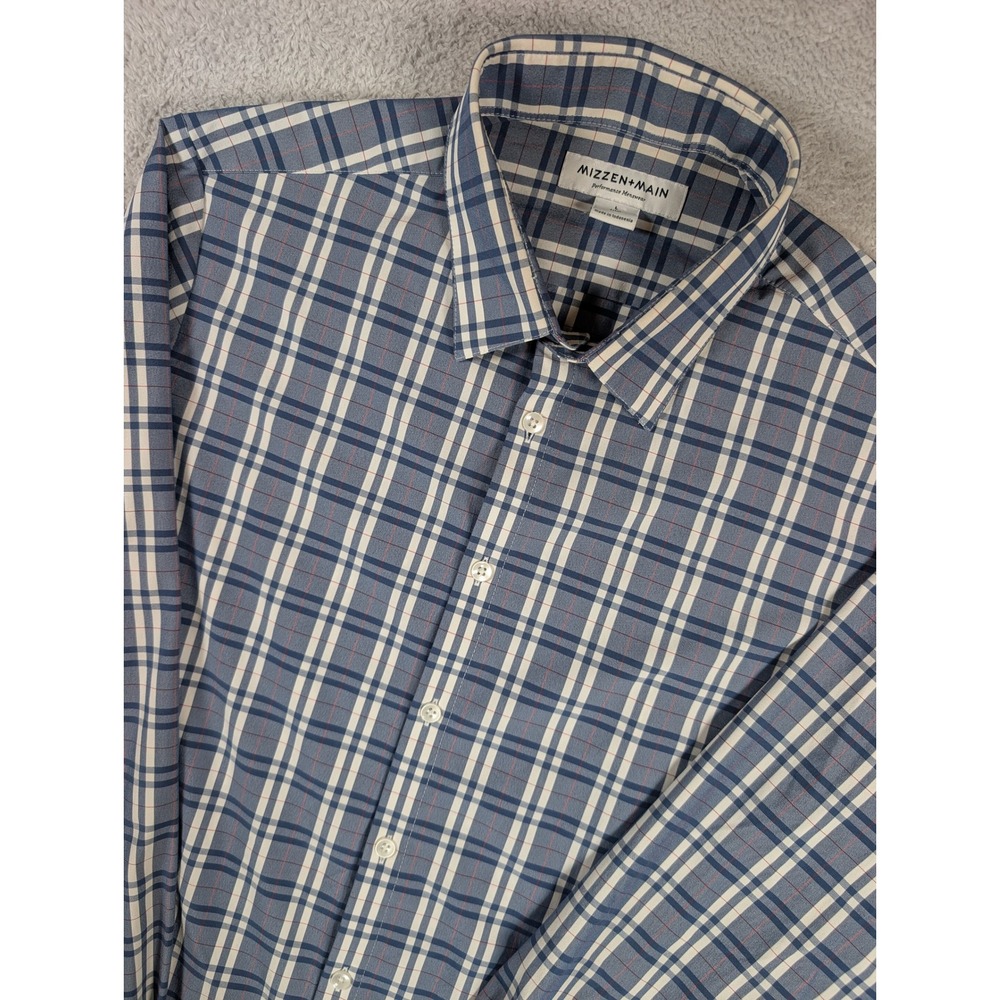 Mizzen+Main Performance Menswear Shirt Mens Large Trim Fit Blue Plaid Stretch
